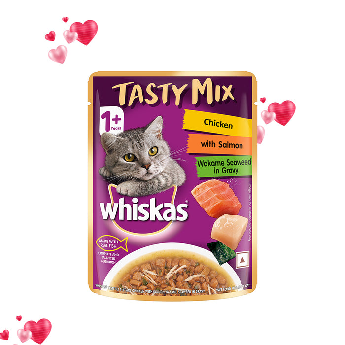 Whiskas Adult (1+ year) Tasty Mix Wet Cat Food Made With Real Fish, Chicken With Salmon Wakame Seaweed in Gravy