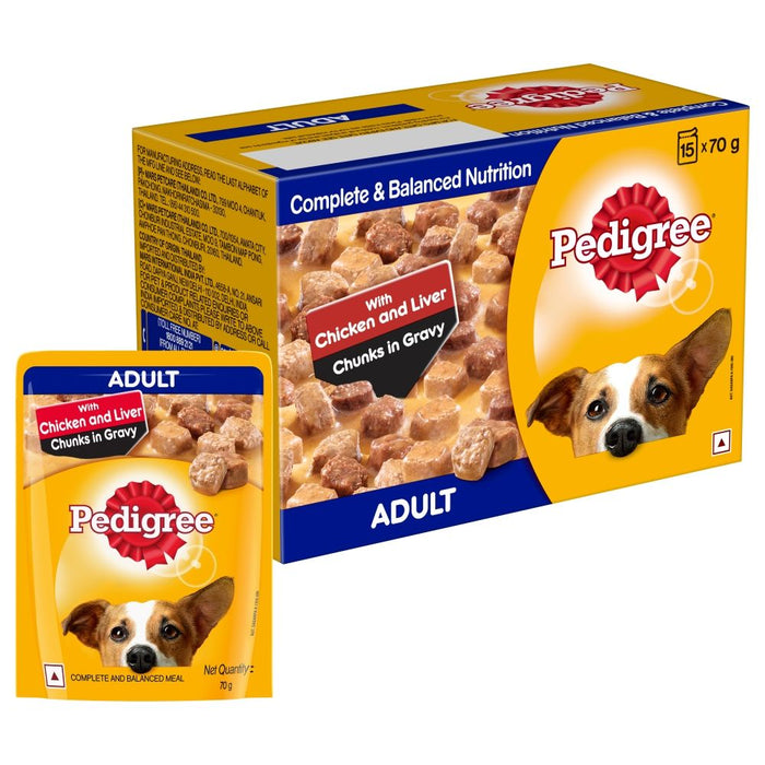 Pedigree Adult Wet Dog Food, Chicken & Liver Chunks in Gravy, 70 g (Pack of 15)