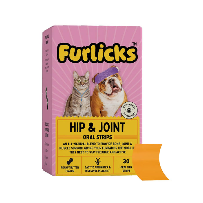 Furlicks Hip and Joint Supplement for Dogs & Cats - Marine Collagen & Calcium for Joint Mobility | 30 Oral Dissolving Strips