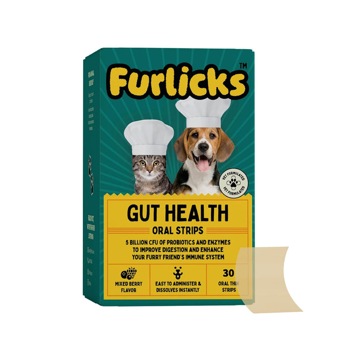 Furlicks Gut Health Supplement for Dogs & Cats - Healthy Gut Flora & Diarrhea & Bowel Support (30 Oral Dissolving Strips)