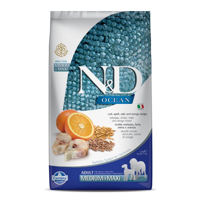 Farmina Dry Food - N&D Ocean Dog Spelt, Oats, Codfish & Orange Adult Medium/Maxi