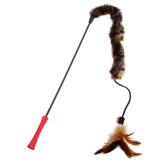 GiGwi Cat Toys - Cat Wand 'Feather Teaser' w/natural feather, plush tail and TPR handle