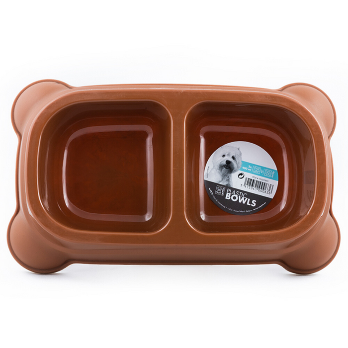 M-Pets Plastic Double Bowl - Brown