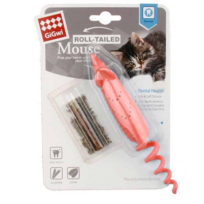 GiGwi Cat Toys - Roll-tailed Mouse with changeable catnip bag and silvervine stick (Pack of 1)
