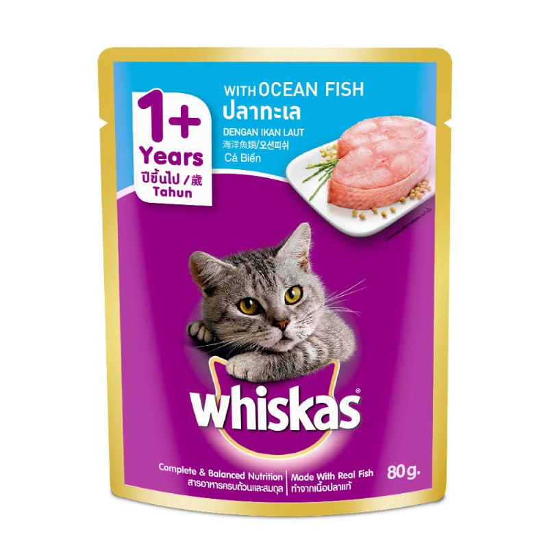 Whiskas Adult (1+ year) Wet Cat Food - Ocean Fish - (80g x 24 Pouches)