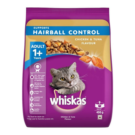 Whiskas Dry Cat Food for Adult Cats (1+ Years), Supports Hairball Control, Chicken & Tuna Flavour