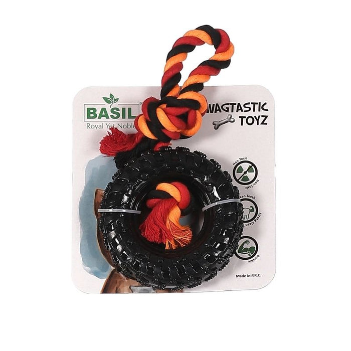 Basil Dog Toys - Rubber Tire with Rope and Center for Treats