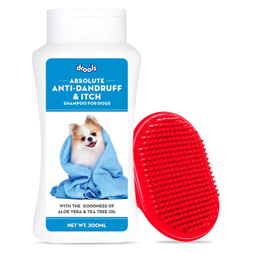 Drools Anti-Dandruff and Itch Shampoo for Dogs (200ml) with 1 Free Bathing and Grooming Hand Brush