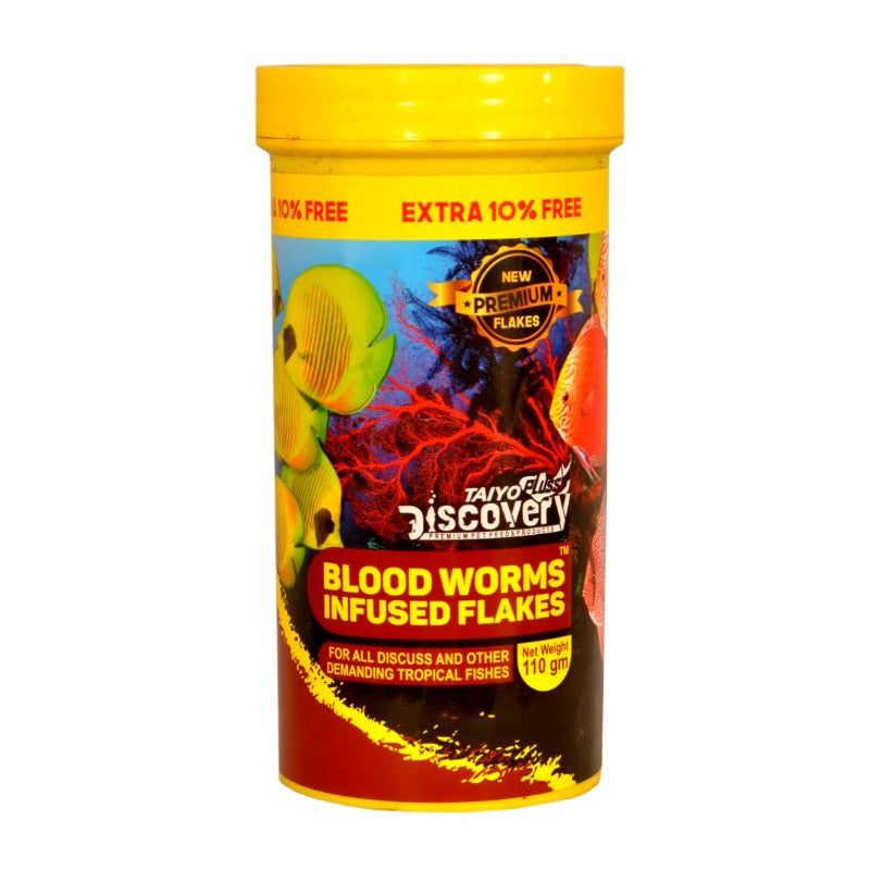 Buy Taiyo Pluss Discovery Fish Food - Blood Worms Infused Flakes at Lowest Prices |  110g