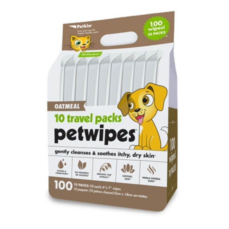 Petkin Travel Pack Pet Wipes - Oatmeal (100 Wipes)