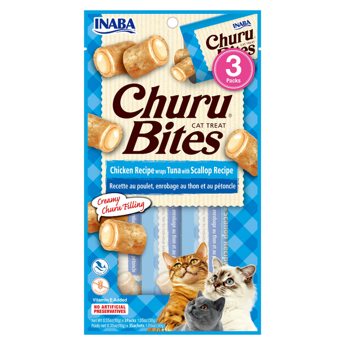 Churu Cat Treats Bites - Chicken Wraps With Tuna & Scallop Recipe (3 packs x 10g)