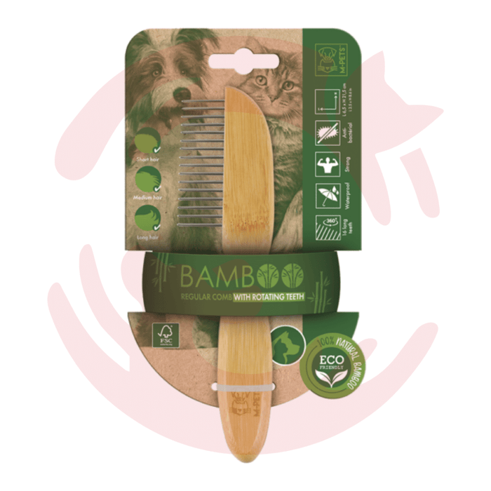 M-Pets Bamboo Regular Comb with Rotating Teeth - 16 Teeth