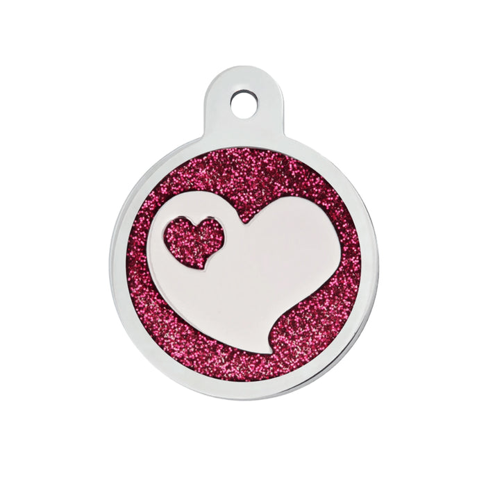 Personalised Petsy Pet Tag -  Large Circle - Pink Epoxy Glitter Heart