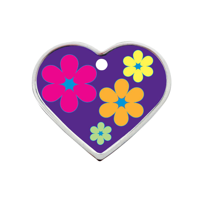 Personalised Petsy Pet Tag - Large Heart - Purple Heart with Flowers