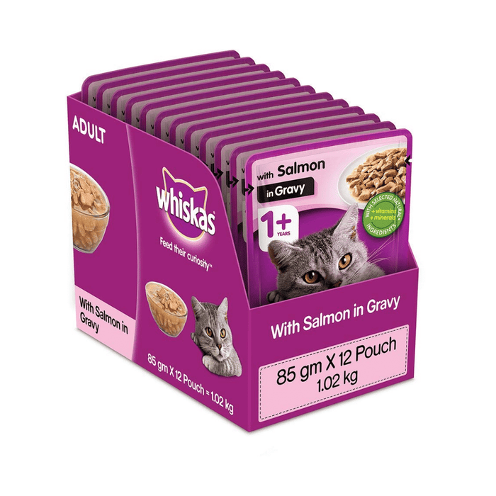 Whiskas Adult (+1 year) Wet Cat Food, Salmon in Gravy, 12 Pouches (12 x 85g)