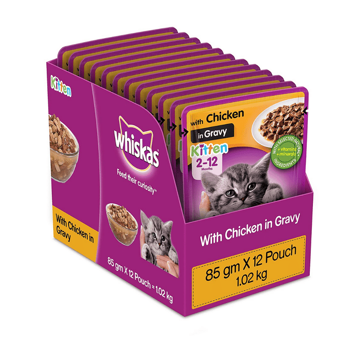 Whiskas Kitten (2-12 months) Wet Cat Food, Chicken in Gravy, 12 Pouches (12 x 85g)